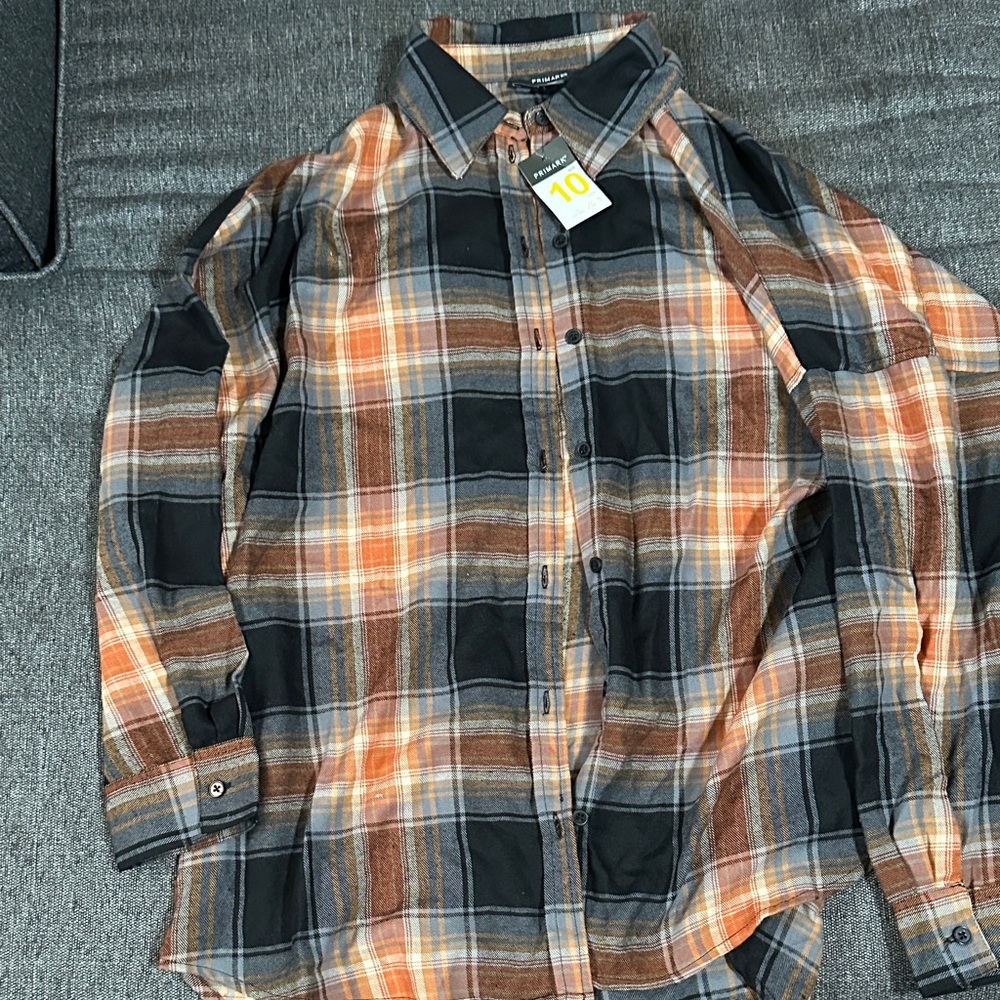 Primark Men's Casual Plaid Shirt - Black and Orange